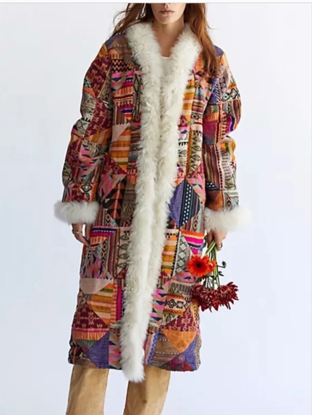 Free People Small S Caravan dream patchwork long coat faux fur trim - Picture 3 of 7